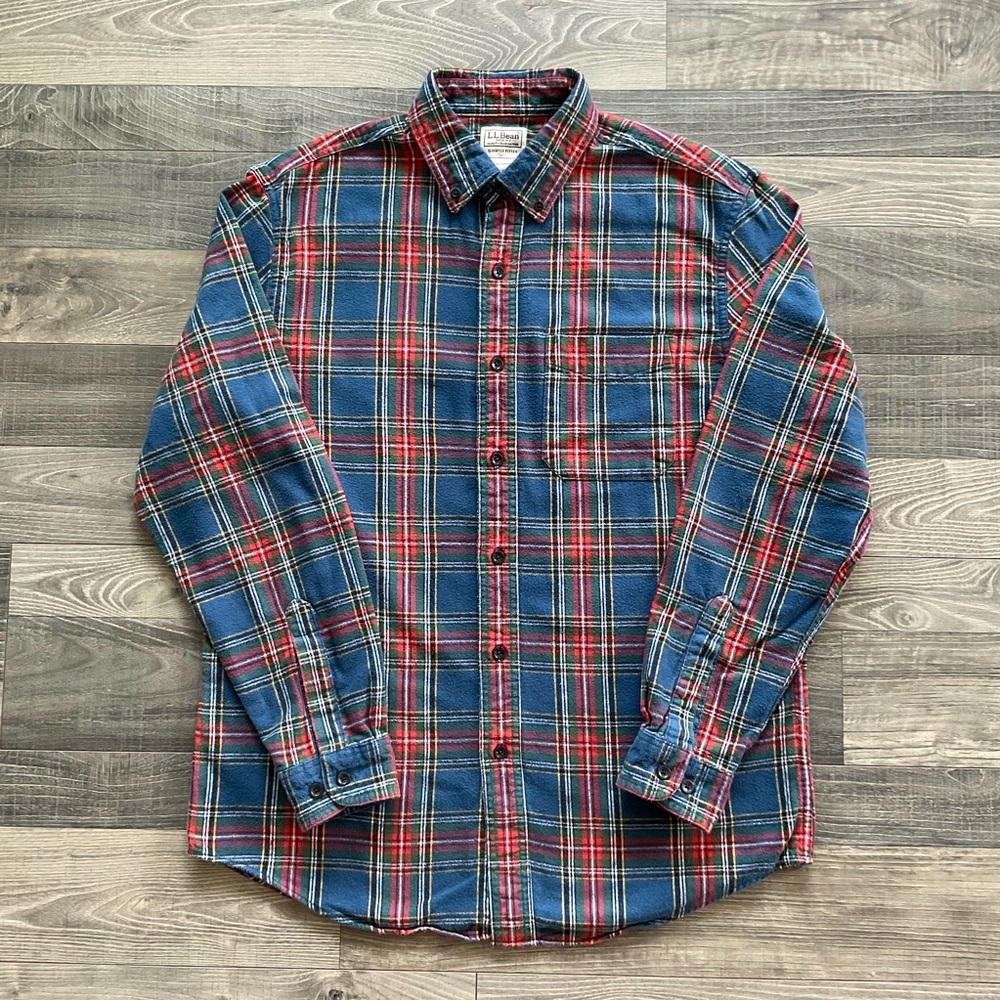 LL Bean Plaid Flannel Shirt Men’s MEDIUM Royal Red Green Slightly Fitted 298167